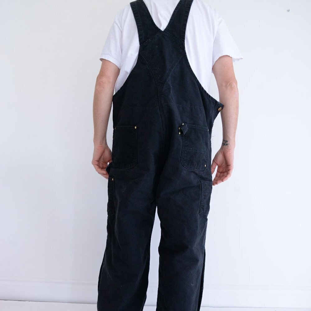 Vintage 80s Carhartt Black Distressed Red Quilt Lined Double Knee Overalls 44x30 - Picture 2 of 16